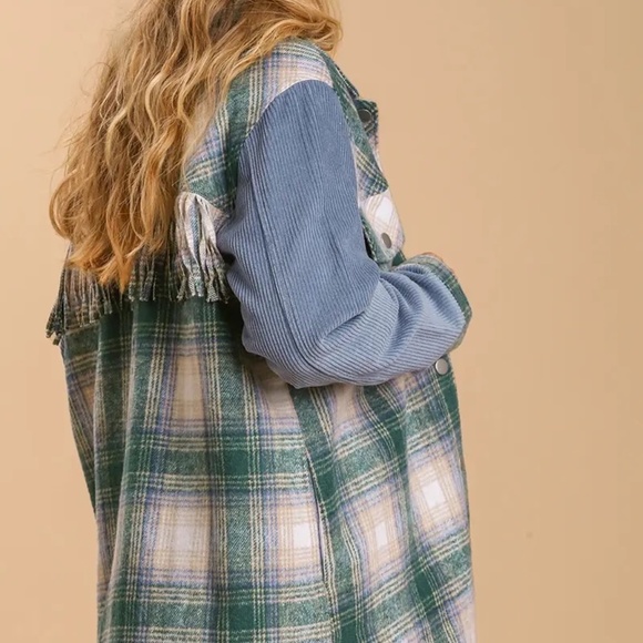 New UMGEE Plaid Flannel Fringe Shacket Magenta Green Snap Up Corduroy Sleeves - Picture 4 of 10